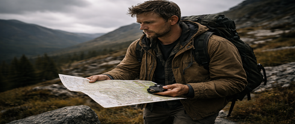 a lone hiker navigating rugged terrain with a map and compass.