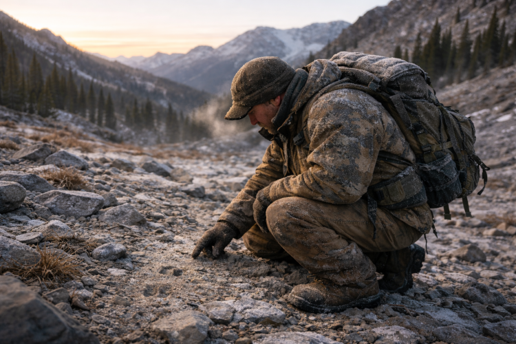 Tracker reading faint animal sign in rocky alpine terrain at dawn